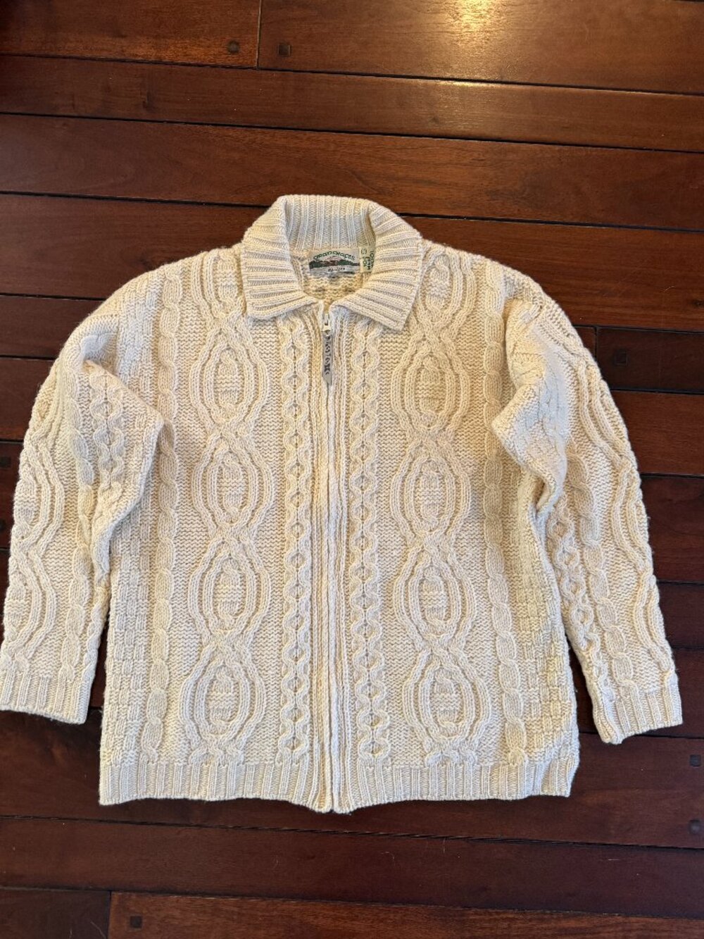 Aran Crafts Ireland Cable Knit Zip Cardigan – Cream Merino Wool – S